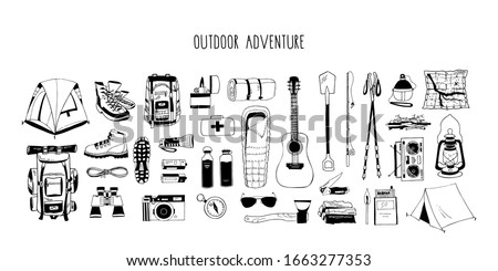 Set of monochrome vector elements isolated on white. Hiking gear for camping trips. Backpack, boots, tent, sleeping bag, compass, map, flashlight, binoculars, camera, reusable bottle, first aid kit