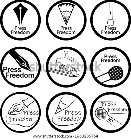A set of nine icons for the holiday, freedom of the press. Three images each: pen, pencil, and microphone. Vector illustration.