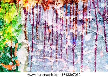 Surface texture with splashes of paint and with paint running down on a cracked surface structure of a concrete wall. For abstract backgrounds. 