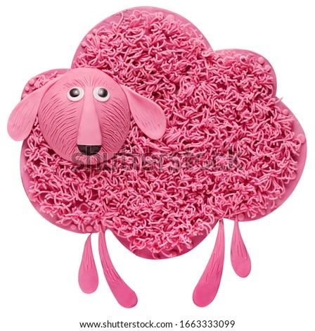 
Fluffy pink sheep, stylized as a cloud, paws in the form of rain, molded from plasticine
