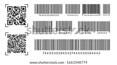 Set of industrial QR codes and scan barcodes label. Marketing, internet concept. Modern simple flat barcodes signs. Flat black vector illustration on a white background. EPS 10