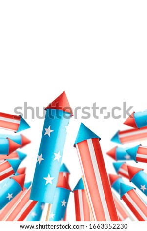 abstract photo collage on the topic American Independence Day celebration banner with fireworks rockets made in american flag style