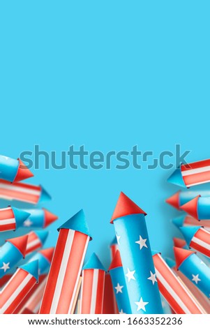 abstract photo collage on the topic American Independence Day celebration banner with fireworks rockets made in american flag style