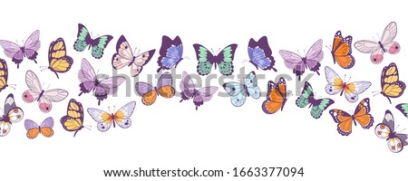 Butterflies banner flying beautiful spring and summer insects vector cartoon illustration. Butterflies isolated on white background.