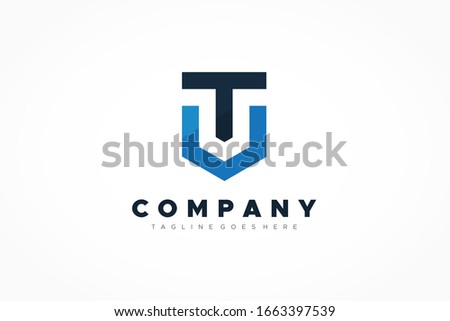 Black Blue Shield Military Letter T and V Logo. Flat Vector Logo Design Template Element.