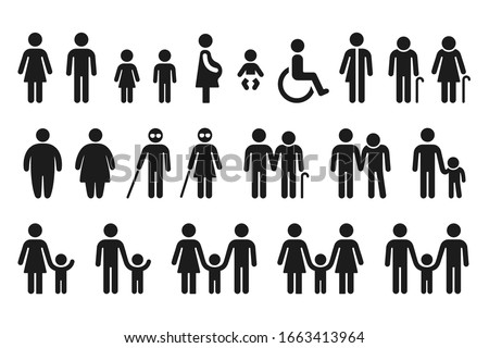 People figures icon set. Bathroom gender signs and health conditions symbols. Adults, families with children, seniors and disabled. Medical or navigation pictograms. Royalty-Free Stock Photo #1663413964