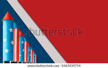 abstract photo collage on the topic American Independence Day celebration banner with fireworks rockets made in american flag style