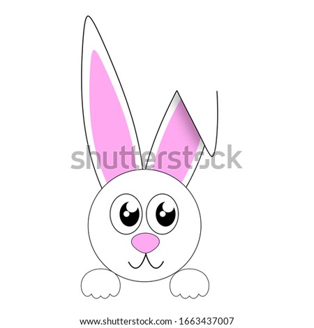 Cute white Easter bunny rabbit with bent ear and pink nose isolated on white background.