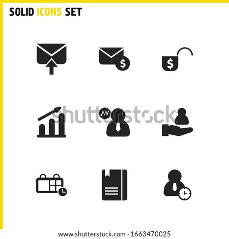 Job business icons set with money without lock, graph increase and outgoing message elements. Set of job business icons and notebook concept. Editable vector elements for logo app UI design.