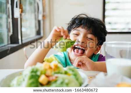 Little boy enjoy with the cos in salad for his breakfast. Royalty-Free Stock Photo #1663480672