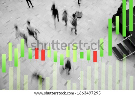 business or financial graph with people concept, Graph and Blur motion of person in rush hour