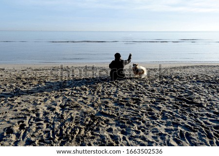 man and small dog play on the beach by the sea