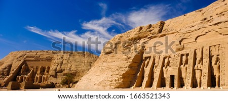 The panoramic view to Abu simbel  Pharaoh Ramesses II and queen Nefertari temples at Aswan Governorate, Egypt Royalty-Free Stock Photo #1663521343