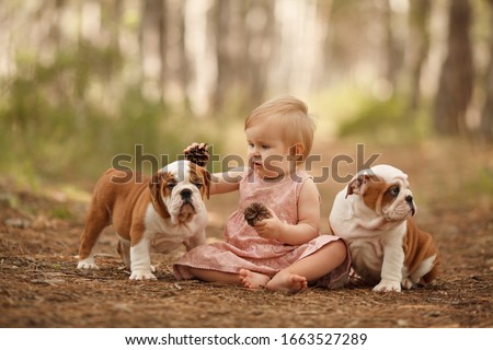 Cute little baby with two English bulldog puppies playing. Place for the inscription. Concept: relationships, happiness, family. Royalty-Free Stock Photo #1663527289