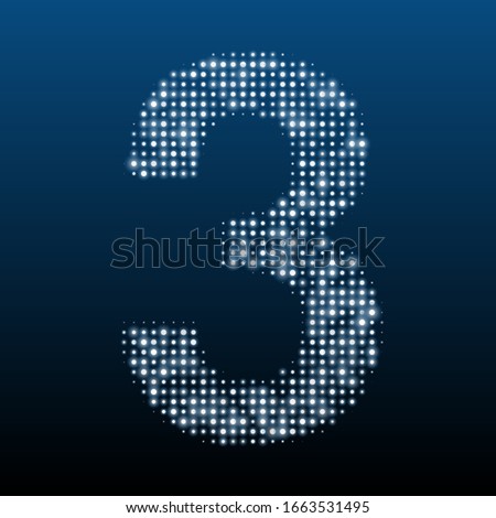 The number 3 is evenly filled with white dots of different sizes. Vector illustration on blue background