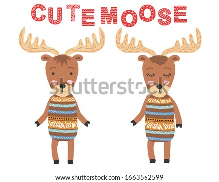 Cute moose, couple. Scandinavian moose, children's print, poster, design, hand drawing, quote