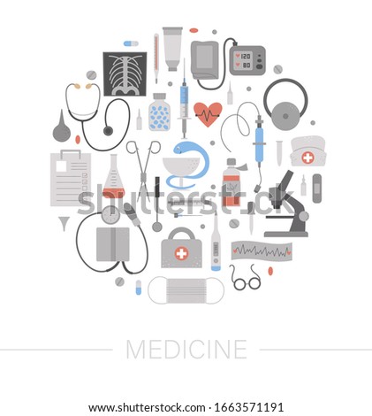 Vector round frame with medical equipment and tools. Medicine elements banner design framed in circle. Cute funny health care, check or research card template