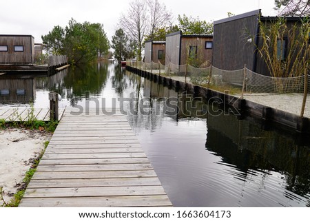 wooden pontoon lake of sanguinet biscarrosse in Maguide landes france 