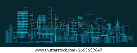 Іndustrial panorama view. Vector illustration of abstract manufacturing landscape. Dark blue background Royalty-Free Stock Photo #1663659649