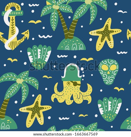 Seamless vector pattern with sea elements. Sea ​​background. Octopus-pirate. Design can be used for paper, wallpaper, textile, fabric. Vector illustration. 