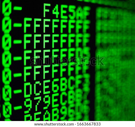 Computer code on the screen. Programming language. Green numbers and letters. Computer science.