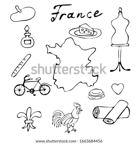 France icons set. Sketch vector illustration, doodle elements, Isolated France national elements, Travel to France icons for cards and web pages, Paris symbols collection