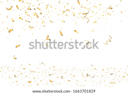 Falling bright gold Glitter confetti, ribbon, stars celebration, serpentine isolated on white background. confetti flying on the floor. New year, birthday, valentines day design element. Royalty-Free Stock Photo #1663701829