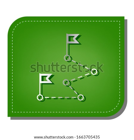 Route with flags sign. Silver gradient line icon with dark green shadow at ecological patched green leaf. Illustration.