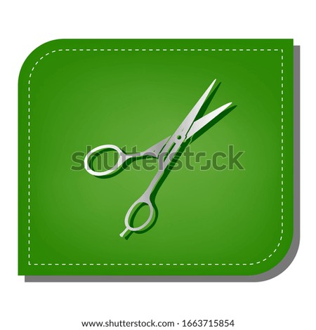 Hair cutting scissors sign. Silver gradient line icon with dark green shadow at ecological patched green leaf. Illustration.
