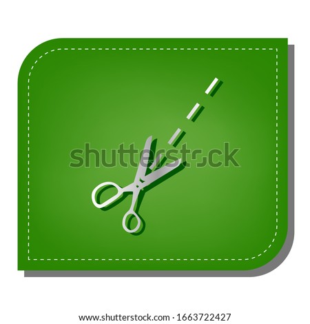 Scissors sign illustration. Silver gradient line icon with dark green shadow at ecological patched green leaf. Illustration.