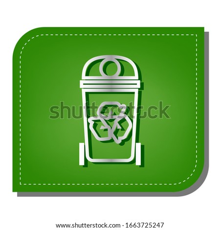 Trashcan sign illustration. Silver gradient line icon with dark green shadow at ecological patched green leaf. Illustration.
