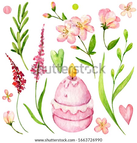 Pink watercolor set of spring flowers and Easter candle eggs. Hand painted elements isolated on the white background. Spring flowers, Cherry blossom, hearts, cute Easter candle. Beautiful cliparts