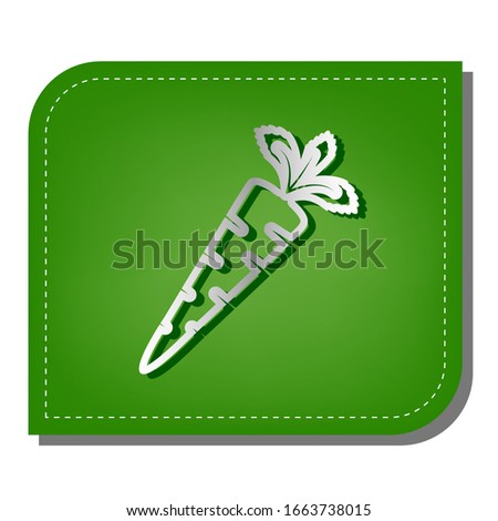 Carrot sign illustration. Silver gradient line icon with dark green shadow at ecological patched green leaf. Illustration.