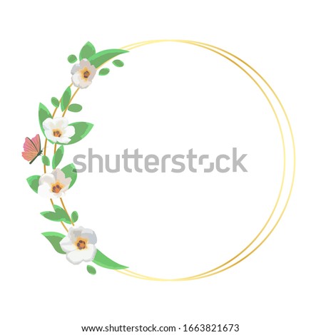 Golden circle vintage frames with flowers blossom and flying butterfly. Vector image