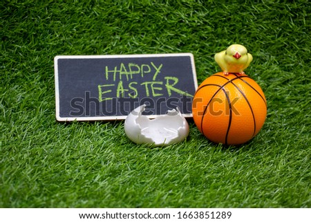 Basketball Easter with egg shell are on green grass