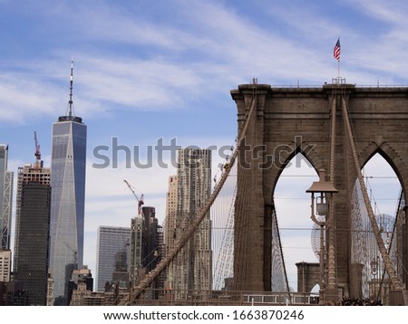 Detail of the Brooklyn Bridge over the Hudson River. New York City, Manhattan.