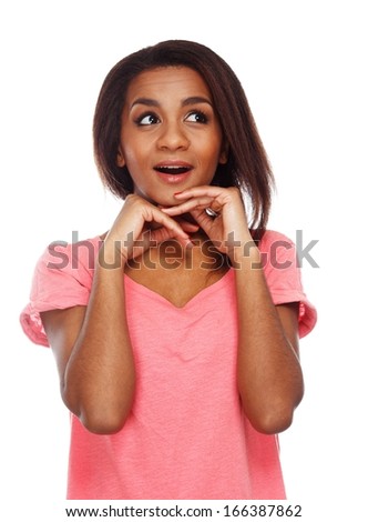 Cheerful young black woman isolated on white background