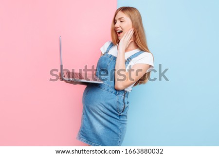 Smiling pregnant woman using a laptop on a pink and blue background, Remote work, shopping for newborns. Online shopping, the concept of pregnancy.