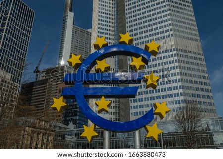 Euro Symnol in Front of Skyscraper Frankfurt Germany 