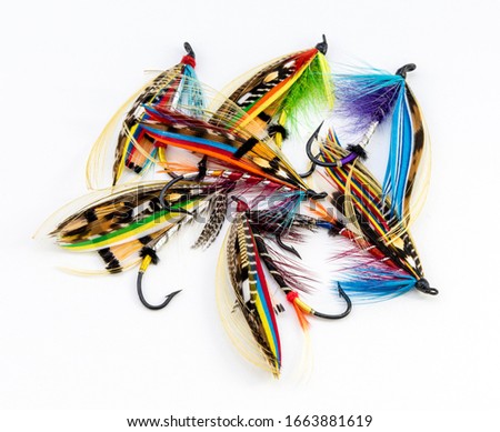 A bunch of seven beautiful and colourful fly fishing flies