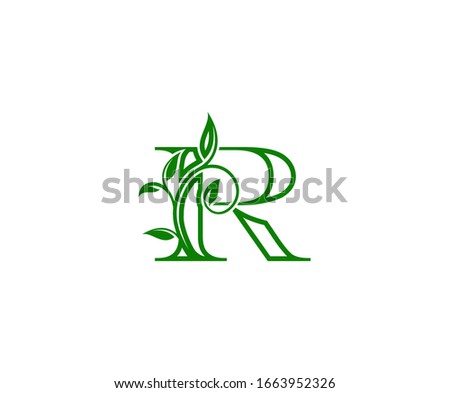 Initial R Logo. R Letter Design Vector with Green Color and Floral Hand Drawn Green Leaves.