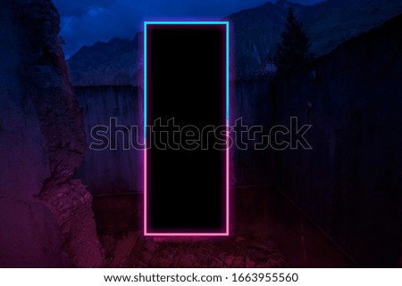 Abandoned house in night time with rectangular neon light, fantasy image