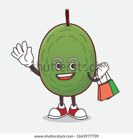 A picture of Jackfruit cartoon mascot character waving and holding Shopping bag