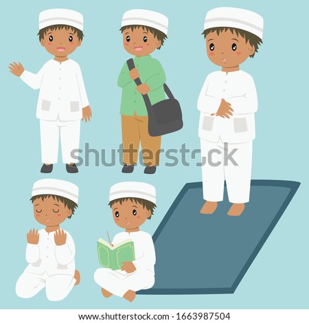 Muslim African American boy daily activities. Muslim boy ready for school, reading quran, praying, and salat.