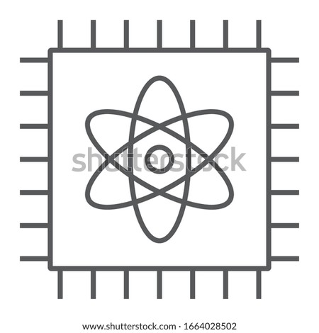 Quantum computing thin line icon, technology and processor, chip with atom sign, vector graphics, a linear pattern on a white background, eps 10