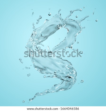 Clear water splashes effect on blue background in 3d illustration