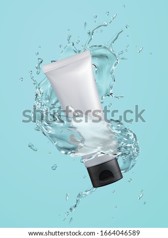 Cosmetic plastic tube mockup with water splashes effect on blue background in 3d illustration