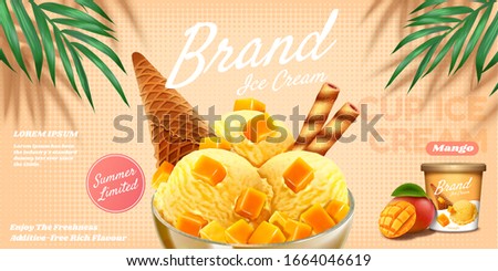 Delicious mango ice cup ads with fruit topping sundae and chocolate stick in 3d illustration