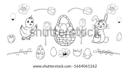 Easter basket with eggs and rabbit with chicken and hatching chick with broken eggs and tulips with pussy willow isolated on white background. Easter elements for designing invitations and postcards