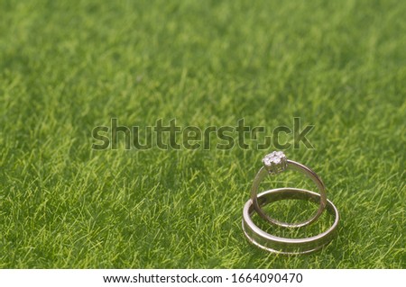 Wedding rings,isolated over green grass background.